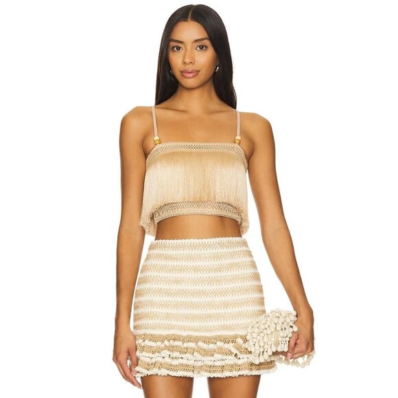PatBO Sleeveless Fringe Cropped Top in Gold - Picture 1 of 4